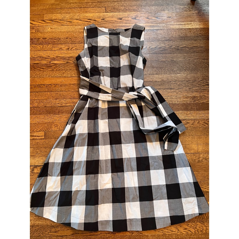 Ann Taylor Factory Buffalo Plaid Sleeveless Belted Pocket Dress Black White SP
